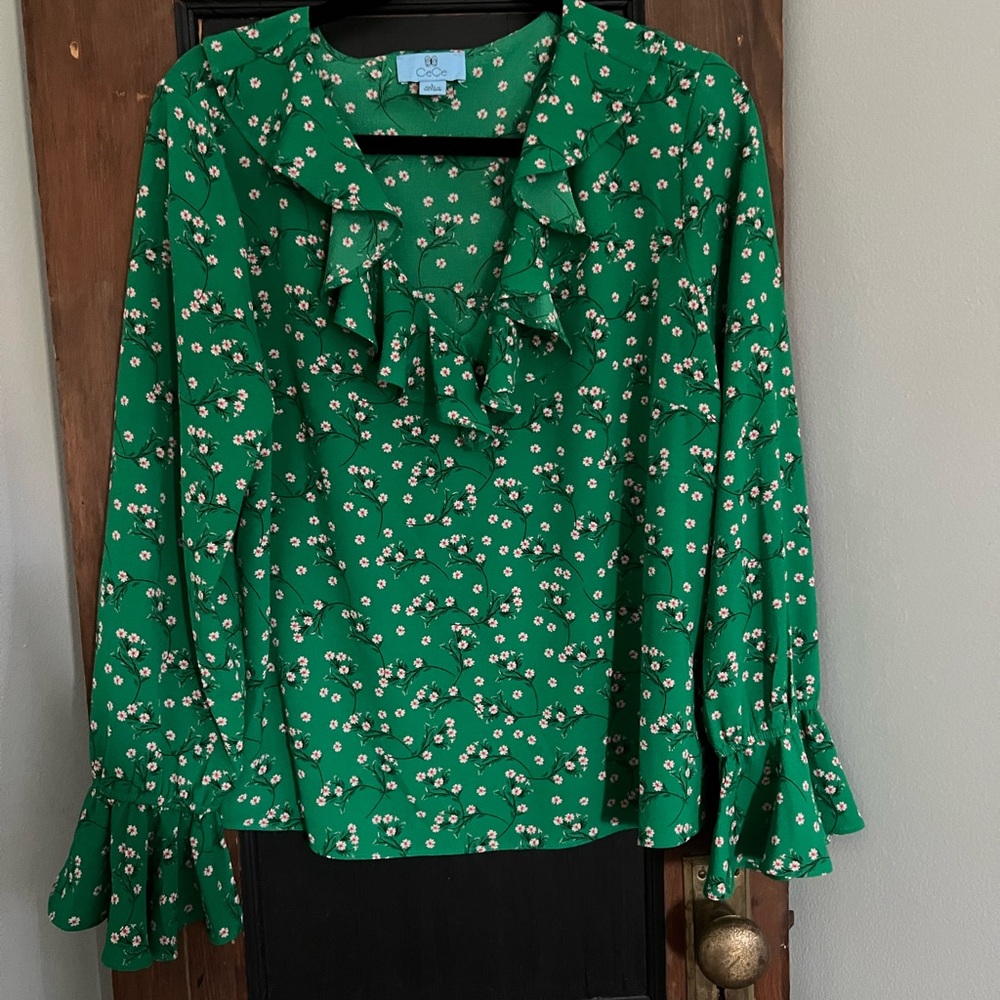 CeCe Green Floral Blouse